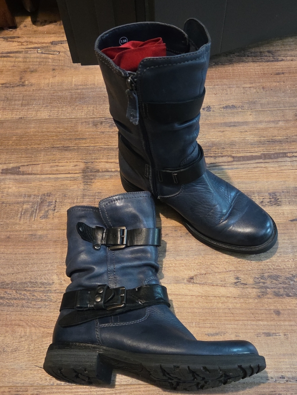 Earth Navy Mid-Calf Buckle Moto Boots